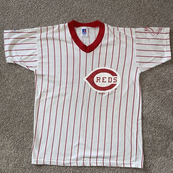VINTAGE CINCINNATI REDS Youth Tee XL PINSTRIPE RUSSELL ATHLETIC USA MADE Pete 14 - Picture 1 of 10